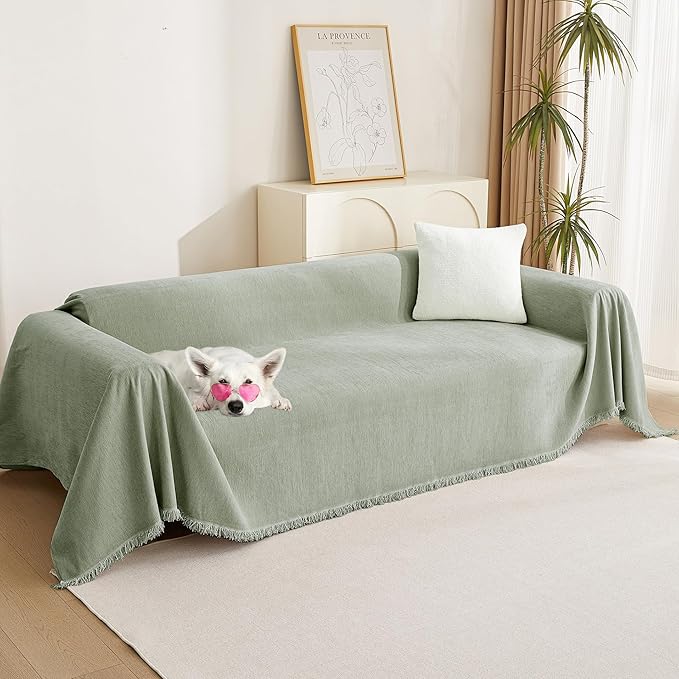 MYSKY HOME Couch Cover L Shape, Sectional Couch Covers, Couch Cover Blanket Furniture Protector for Pets, Sofa Covers Tassel Chenielle Sofa Slipcover Soft Throw Couch for Dogs,91"X150", Sage Green