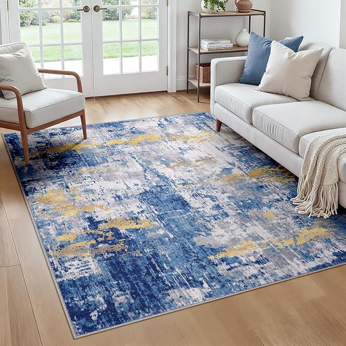 Washable Area Rugs Square 6ft Non-Slip Modern Abstract Soft for Living Room Entryway Bedroom Nursery, Print Pattern, Grey Blue Gold/Golden