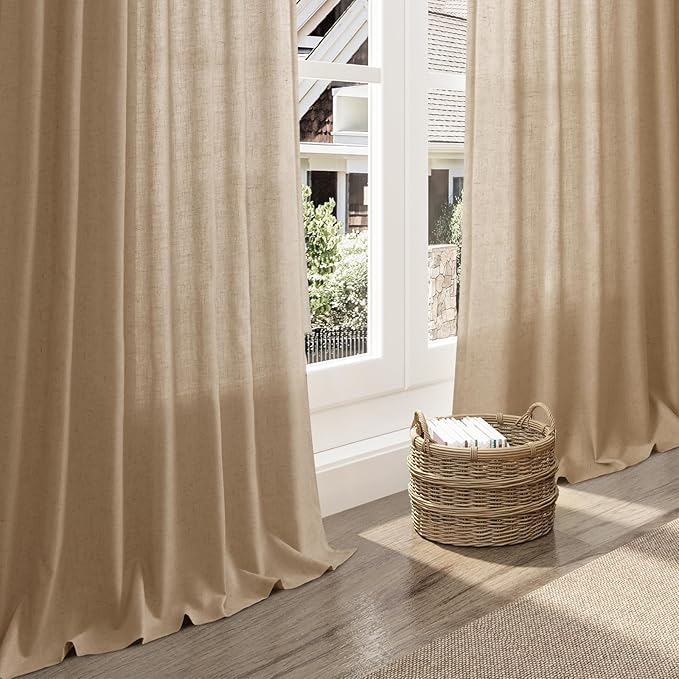 Nanspring Sand Beige Curtains 102 Inches Long for Living Room Bedroom Linen Light Filtering Simple Modern Curtains Back Tab Privacy Semi Sheer Curtain for Dinner Room Office 52x102, 2 Panels