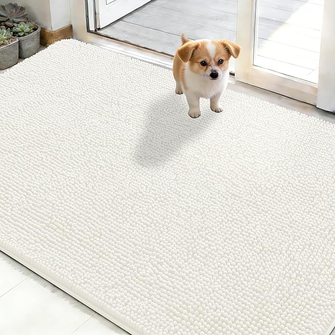 OLANLY Dog Door Mat for Muddy Paws 48x30, Absorbs Moisture and Dirt, Absorbent Non-Slip Washable Doormat, Quick Dry Chenille Mud Mat for Dogs, Entry Indoor Entryway Carpet for Inside Floor, Ivory