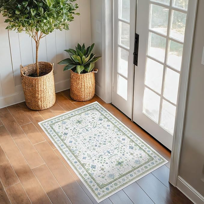 Washable Boho Bathroom Rug 2x3 - Small Throw Area Rugs for Powder Room, Laundry, Kitchen, Blue and Green Oushak Modern Eclectic Geometric Floral Pastel Decor, Low Pile Non-Slip Stain Resistant