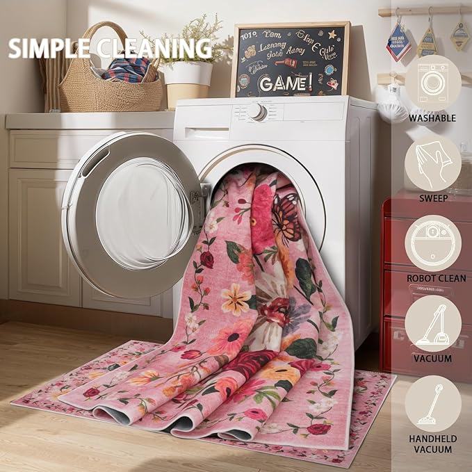 Rug for Hallways Kitchen Rug 3x7, Non Slip Washable Rugs with Rubber Backing Soft Floral Carpet Runner for Hallways, Kitchen, Laundry, Bedroom, Bathroom(3 x 7, Pink Garden)