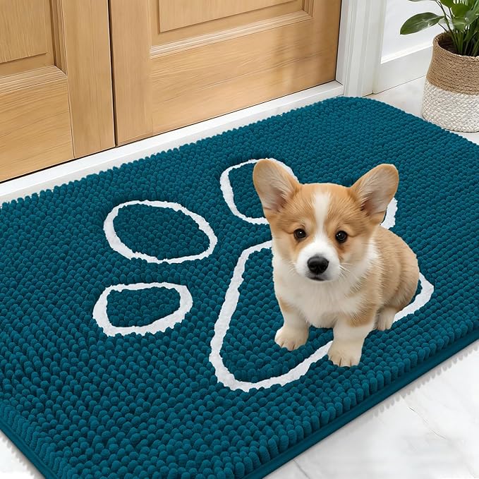 OLANLY Dog Door Mat for Muddy Paws 24x16, Paw Print Design, Absorbs Moisture and Dirt, Absorbent Non-Slip Washable Doormat, Quick Dry Chenille Mud Mat, Entry Indoor Entryway Carpet, Atlantic Blue