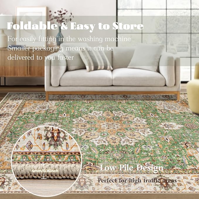 Area Rug 6x9 Washable Rug, Vintage Boho Medallion Rugs Non-Slip Soft Low Pile Large Distressed Rug Indoor Retro Carpet for Living Room Bedroom Dining Room Home Office (Vintage Green, 6'x9')
