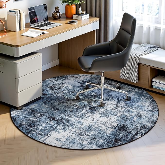 Rugflix Round Area Rugs 4Ft for Living Room, 4x4 Washable Rug Stain-Resistant Low Pile, Modern Dark Carpet for Dining Room Home Office Kid Room Nursery Bedroom, Navy Blue/Black