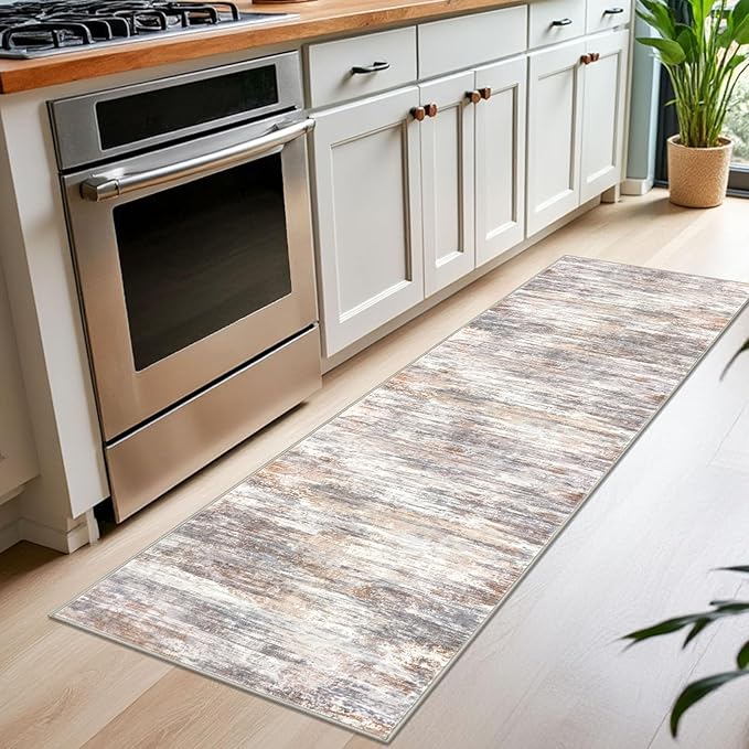 KOZYFLY Modern Abstract Washable Rug Runner 2x7 Hallway Runner Rug Non-Slip Soft Kitchen Runner Rugs, Print Multi Grey/Orange Striped Carpet Runner for Entryway Bathroom