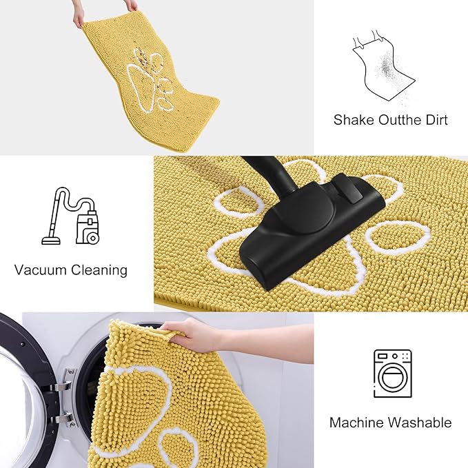 Smiry Dog Door Mat for Muddy Paws, Absorbent Dirt Trapper Non Slip Quick Dry Washable Chenille Mat for Mud Dogs, Entry Rug for Indoor and Outdoor (30x20 Inches, Yellow and White)