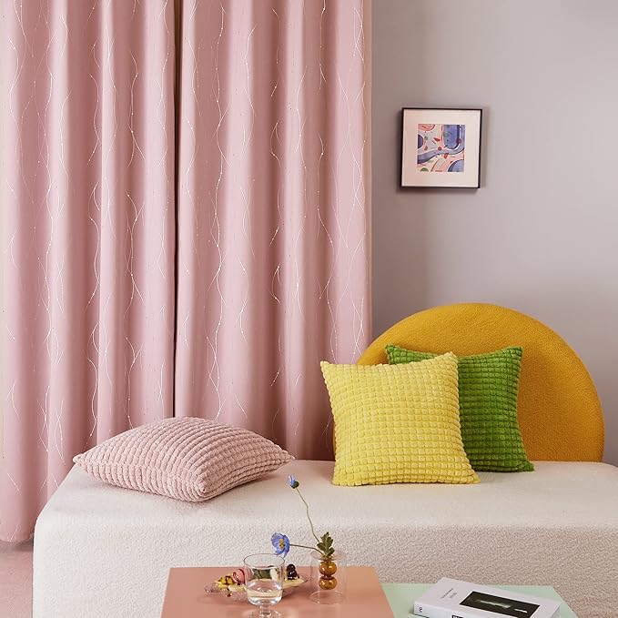 Deconovo Pink Blackout Curtains for Bedroom, Thermal Insulated Soundproof Pravicy Curtain, Silver Wave Dots Print, 42 x 63 Inch Long, Machine Washable Window Panels for Kids Room Nursery, Set of 2