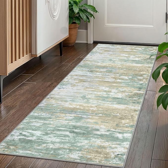 KOZYFLY Kitchen Runner Rug for Hallway Non-Slip Modern Abstract Runner Rug 2x5 Light Green Yellow, Washable Carpet Runner Laundry Room Mat with Soft Low Pile for Entryway Bathroom Bedroom Kitchen