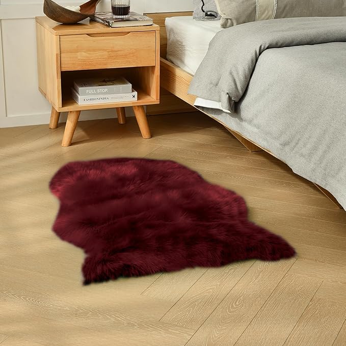 duduta Burgundy Sheepskin Throw Rug 2x3 ft, Fluffy Shag Faux Fur Seat Chair Covers Non Slip Washable