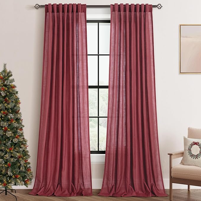 Burgundy Curtains for Living Room Back Tab Modern Farmhouse Semi Sheer Burgundy Curtains 90 inches Long 2 Panels Set Muted Neutral Window Curtain for Dining Room Bedroom 52x90
