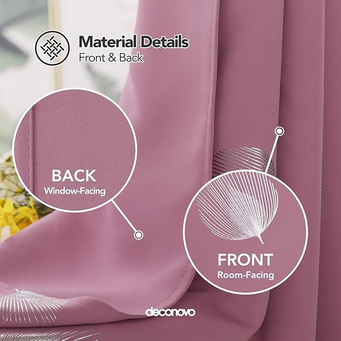 Deconovo Blackout Curtains Thermal Insulated Palm Fan Foil Print Grommet Room Darkening Curtain for Kids Bedroom 42 x 63 Inch Pink 2 Panels