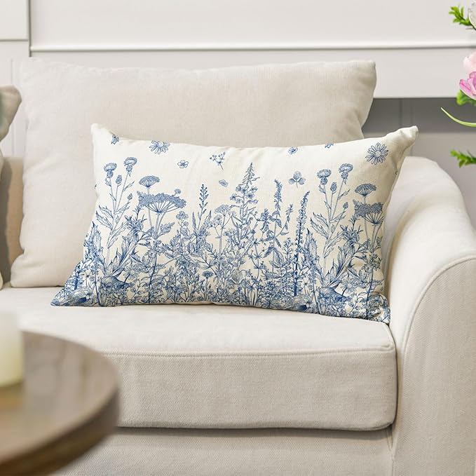 AVOIN colorlife Wildflowers Spring Summer Blue Throw Pillow Cover, 12 x 20 Inch Floral Cushion Case Decoration for Home Sofa Couch