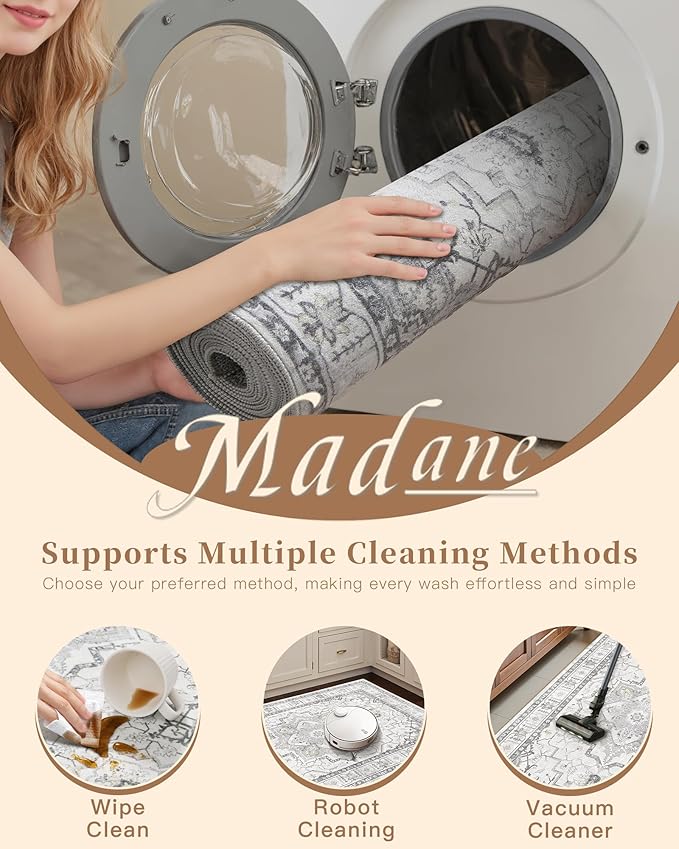 Madane Runner Rugs for Hallway 2x10 Long Washable Non-Slip Hallway Runner Rug Low-Pile Stair Kitchen Runner Soft Throw Carpet for Entrance Living Dining Laundry Room (Grey, 2 x 10)