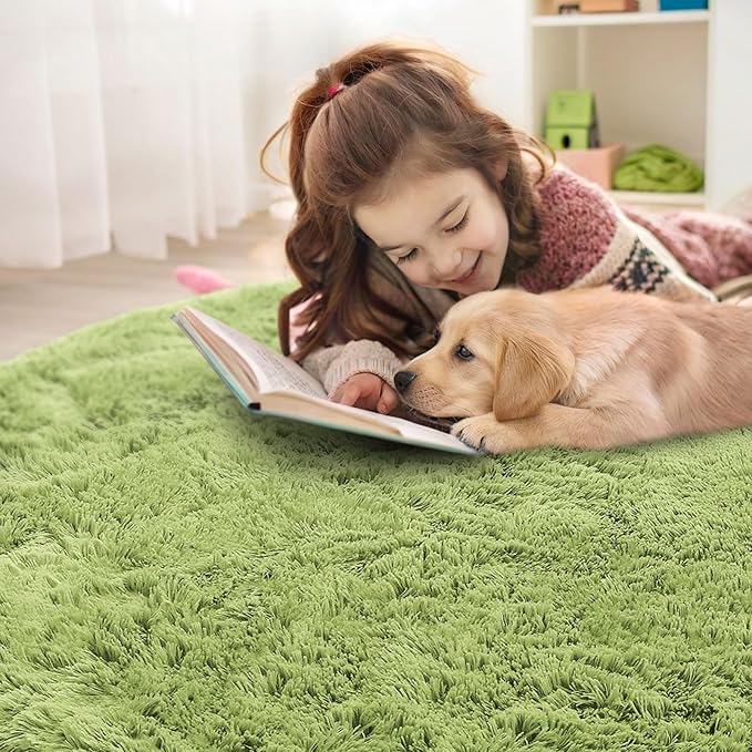 OLANLY Grass Green Round Rugs for Bedroom - Machine Washable, 2 ft Circle Area Rugs for Living Room, Soft and Fluffy Shaggy Carpet for Teen Girls and Boys, Nursery Rooms, Dorms, Home Decor Aesthetic