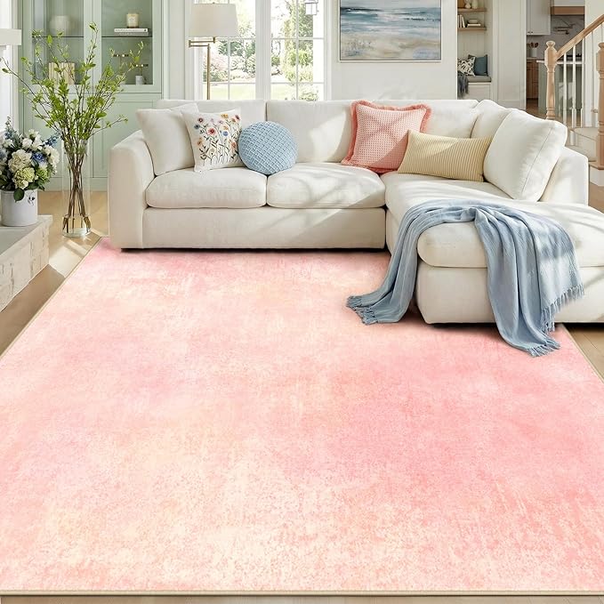 Washable Area Rugs 8'x10' Non-Slip Modern Abstract Soft for Living Room Entryway Bedroom Nursery, Print Pattern, Light Pink