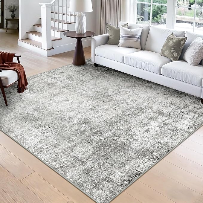 Washable Area Rugs Square 8ft Non-Slip Modern Abstract Soft for Living Room Entryway Bedroom Nursery, Print Pattern, Gray White Grey
