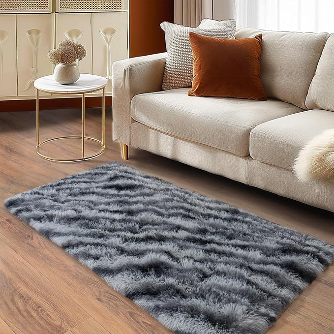 Soft Runner Rugs for Bedroom Hallways, 2x4 Black and White Fluffy Shag Throw Area Rug Non Slip for Bedside Dorm, Long Shaggy Furry Carpet for Nursery Living Room