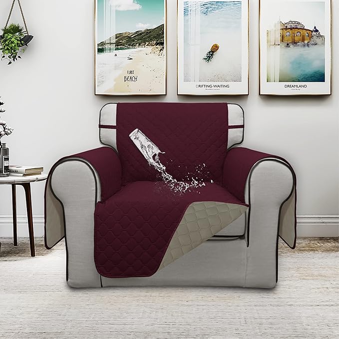 ISSUNTEX Double Protection 100% Waterproof Chair Sofa Covers for Living Room, Couch Covers for Chair Sofa, Reversible Furniture Protector Sofa Cover for Dogs, Pets, Kids (Chair, Wine/Beige)