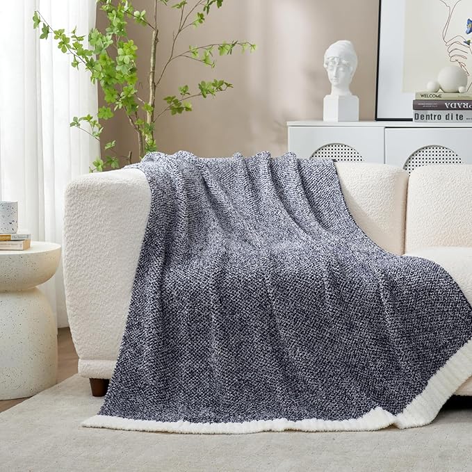 Snuggle Sac Oversized Navy Blanket, Twin XL Size for Bed | Reversible Super Soft & Cozy Knit Throw, Fuzzy Plush Fabric in Heather Navy, 66x90 inches