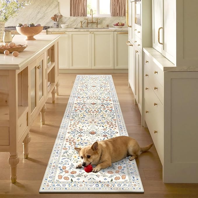 Yamaziot Washable Runner Rug 2x8 – Boho Non Slip Floral Hallway Runner Rug with Rubber Backing, Low Pile Distressed Carpet for Kitchen, Laundry, Bedroom, Entrance, Colorful Beige