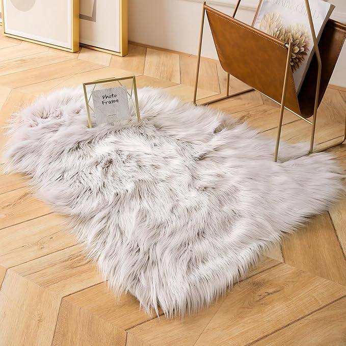 Ashler Faux Fur Rug, Fluffy Shaggy Area Rug Ultra Soft 2 x 3 Feet Sheepskin Fur Rug, Frosted Bottom Beige Fuzzy Machine Washable Shag Rug, Nursery Decor Throw Rugs for Bedroom, Living Room