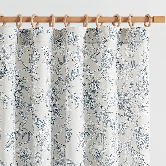 jinchan Floral Curtains 96 Inches Long Blue Flower Linen Farmhouse Curtain for Living Room French Country Vintage Curtain Rod Pocket Curtains Set 2 Panels Blue Floral Printed