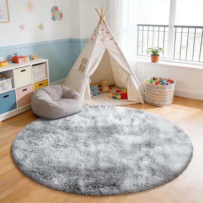 Tie-Dyed Fluffy Round Rug,Soft Area Rugs for Girls Room,Shaggy Rugs 6'X6' for Living Room,Non Slip Circle Rug for Kids Bedroom,Shag Plush Nursery Rug,Plush Carpet for Dorm,Furry Room Decor,Light Grey