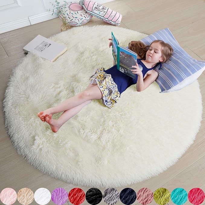 Amdrebio Ivory White Round Rug 4Ft for Kids Bedroom Aesthetic, Fluffy Fuzzy Furry Circle Area Rugs for Living Room Decor, Circular Plush Soft Shaggy Cream Carpet for Baby Nursery Dorm Teen Girls Boys