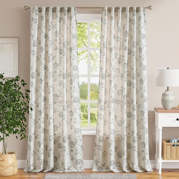 jinchan Linen Curtains Floral Curtains 96 Inch Length for Living Room Bedroom Light Filtering Rod Pocket Back Tab Jacobean Curtains Flax Linen Texture Window Drapes Set 2 Panels Dark Grey on Linen