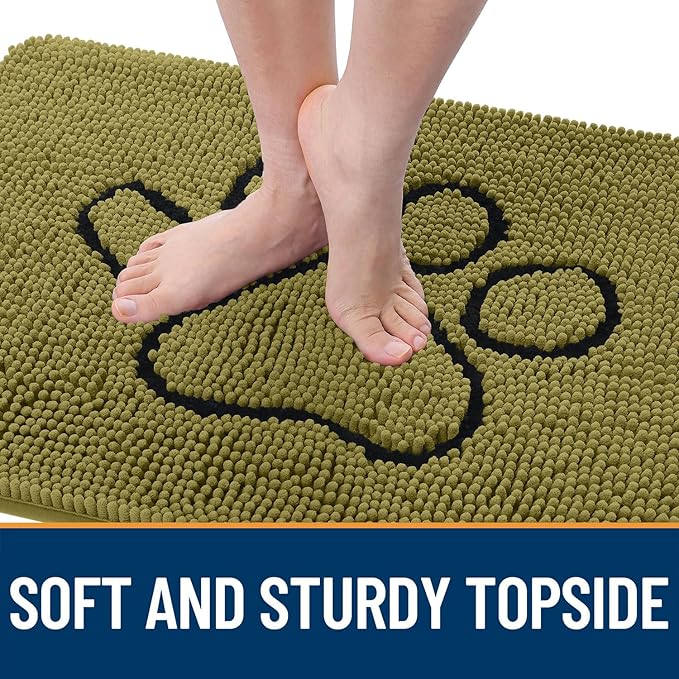 OLANLY Dog Door Mat for Muddy Paws 48x30, Paw Print Design, Absorbs Moisture and Dirt, Non-Slip Washable Doormat, Quick Dry Chenille Mud Mat for Dogs, Entry Indoor Entryway Carpet, Willow Green