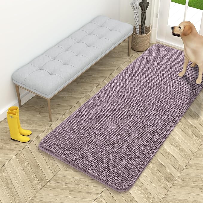 OLANLY Dog Door Mat for Muddy Paws 54x24, Absorbs Moisture and Dirt, Absorbent Non-Slip Washable Doormat, Quick Dry Chenille Mud Mat for Dogs, Entry Indoor Entryway Carpet for Inside Floor, Deep Plum