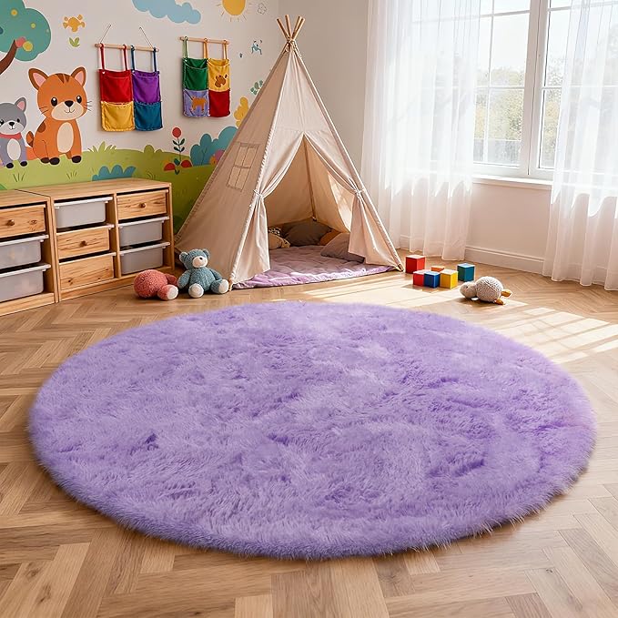 yulidayang Purple Fluffy Round Area Rugs for Bedroom,5'X5'Shag Circle Area Rugs for Girls Room,Non Slip Fuzzy Plush Rug for Kids Room Living Room and Dorm Home Decor Rug