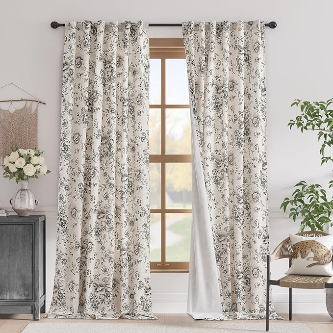 jinchan Blackout Floral Curtains for Living Room Bedroom Linen Blend Curtain Farmhouse Black Printed with Lined Back Tab Rod Pocket Drapes Window Treatments 2 Panels 102 Inch