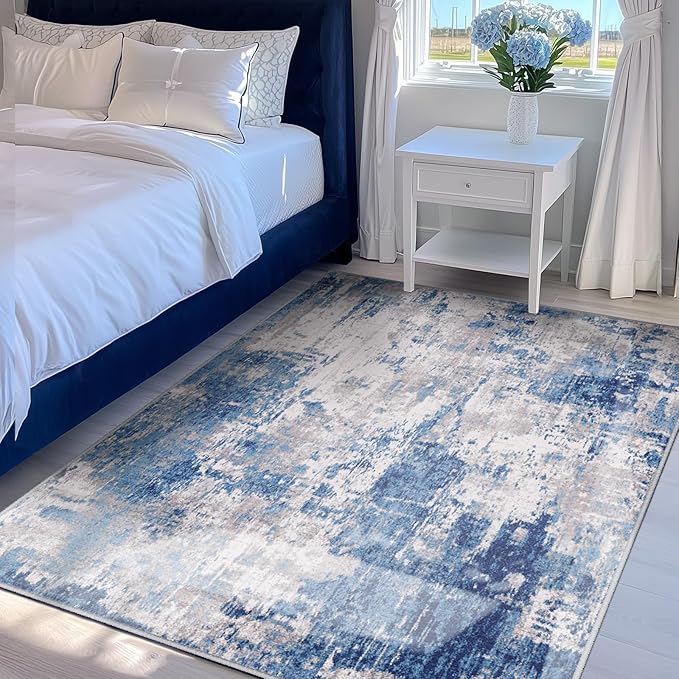Washable Area Rugs 4'x5' Non-Slip Modern Abstract Soft for Living Room Entryway Bedroom Nursery, Print Pattern, Blue Grey Navy Gray