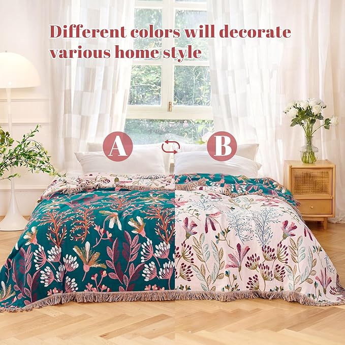 MSGKV Boho Throw Blanket for Couch 50"x60" Floral 100% Cotton Blanket Spring Breathable Lightweight Farmhouse Flower Blankets for Sofa Home Decor Muslin All Seasons