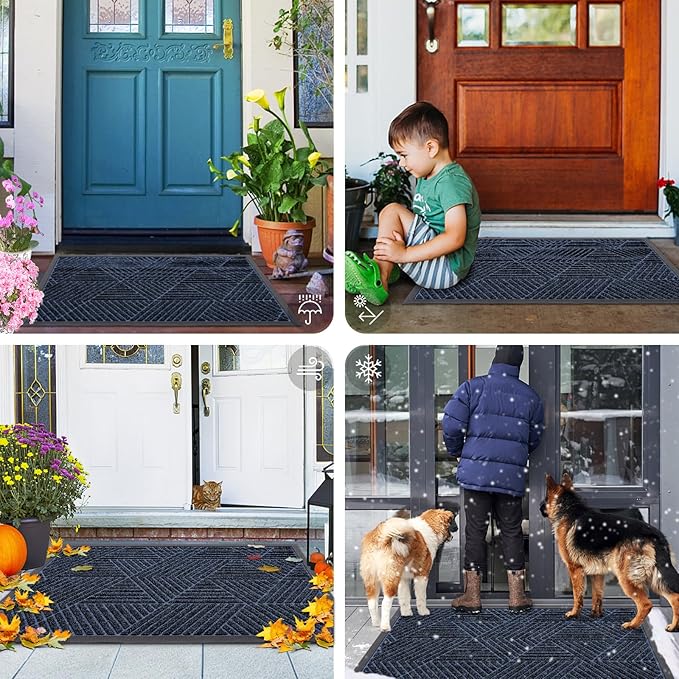 Smiry Front Door Mat Outside Entrance, Heavy Duty Sturdy Natural Rubber Doormat, Trap Dirt and Moisture, Easy Clean Low Profile Welcome Floor Mats for Indoor Outdoor Entry, 59x34 Inch, Navy Blue