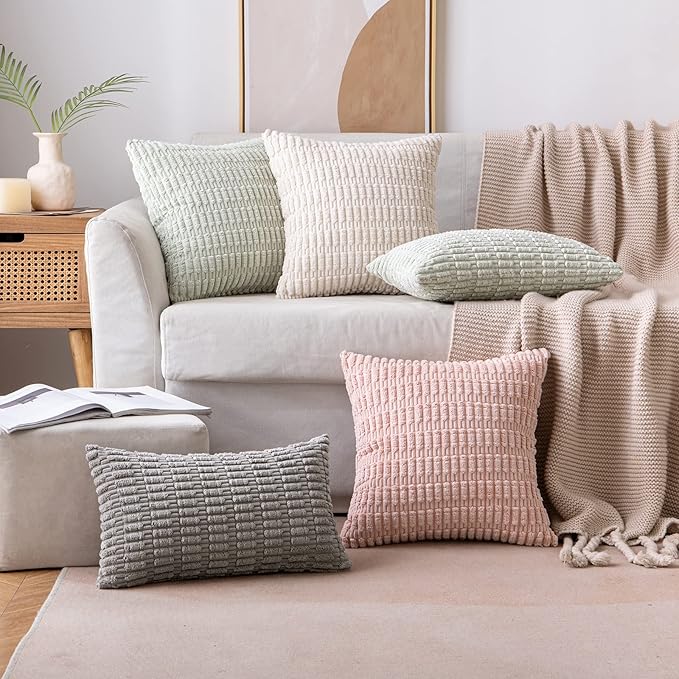 MIULEE Pack of 2 Corduroy Decorative Euro Sham Throw Pillow Covers 22x22 Inch Soft Boho Striped Pillow Covers Modern Farmhouse Home Decor for Sofa Living Room Couch Bed Cream White