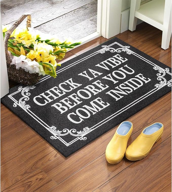 Indoor Door Mat Welcome Mats for Front Door Outdoor Entry Black Doormat, Check Ya Vibe Before You Come Inside This House Doormat, Non Slip Rubber Farmhouse Mats 28" x 18"