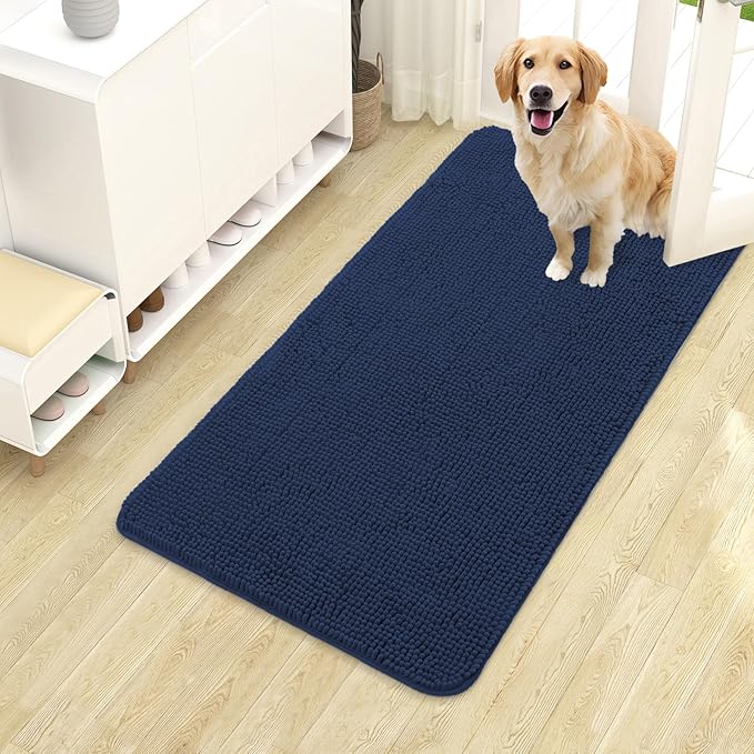 OLANLY Dog Door Mat for Muddy Paws 40x24, Absorbs Moisture and Dirt, Absorbent Non-Slip Washable Doormat, Quick Dry Chenille Mud Mat for Dogs, Entry Indoor Entryway Carpet for Inside Floor, Dark Blue