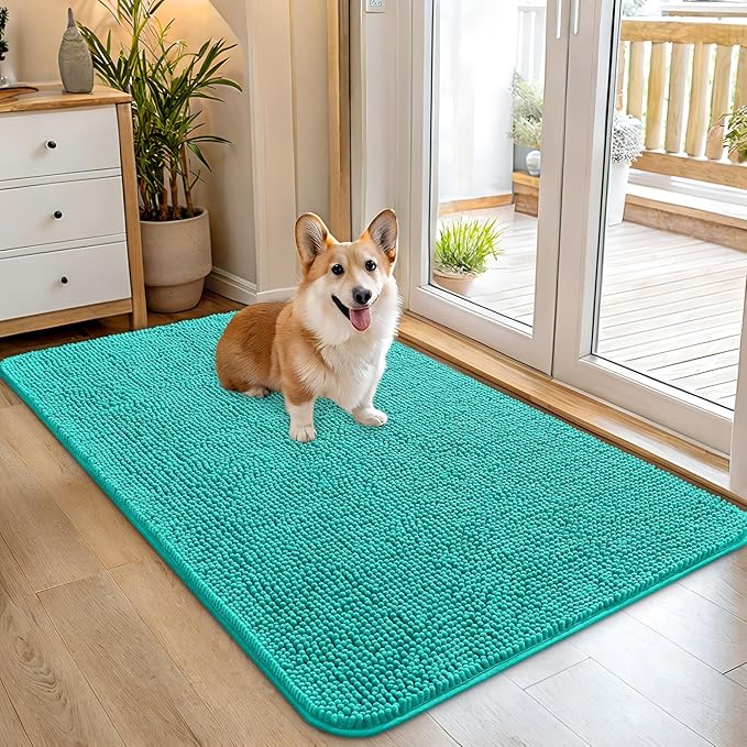 OLANLY Dog Door Mat for Muddy Paws 45x27, Absorbs Moisture and Dirt, Absorbent Non-Slip Washable Doormat, Quick Dry Chenille Mud Mat for Dogs, Entry Indoor Entryway Carpet for Inside Floor, Teal