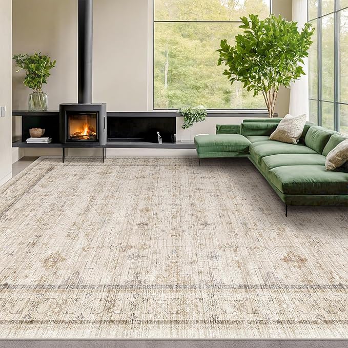Washable Floral 10x14 Big Living Room Rug, Stain Resistant Foldable Area Rug for Bedroom, Large Dining Room, Farmhouse Neutral Light Beige Décor Indoor, Low Pile Soft Vintage Floor Carpet