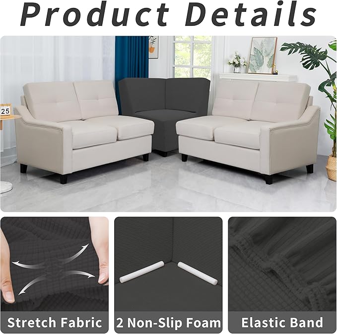 Easy-Going Stretch Sectional Corner Sofa Slipcover 1-Piece Couch Sofa Cover Furniture Protector Soft with Elastic Bottom for Kids, Pet, Spandex Jacquard Fabric Dark Gray