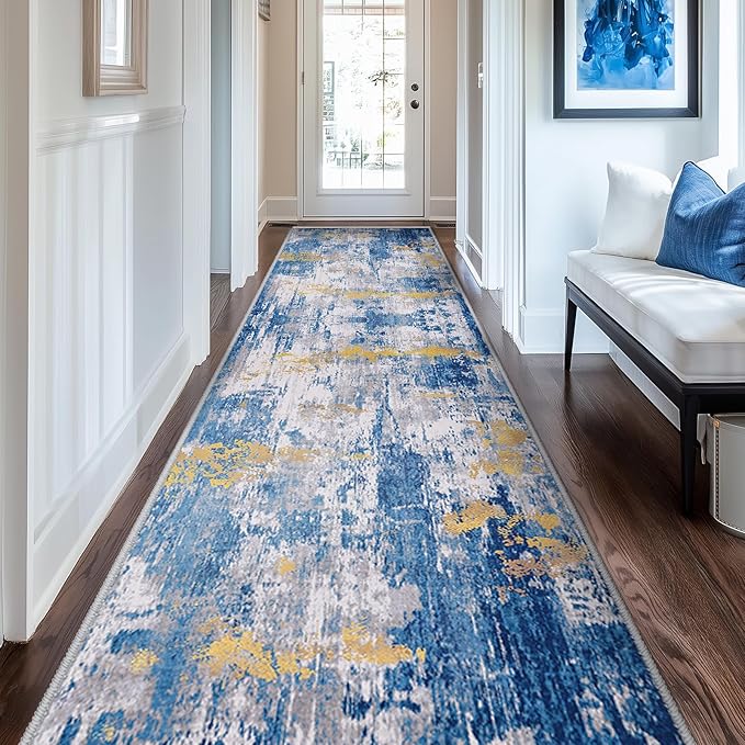 Washable Area Rugs 2'x10' Non-Slip Modern Abstract Soft for Living Room Entryway Bedroom Nursery, Print Pattern, Grey Blue Gold/Golden