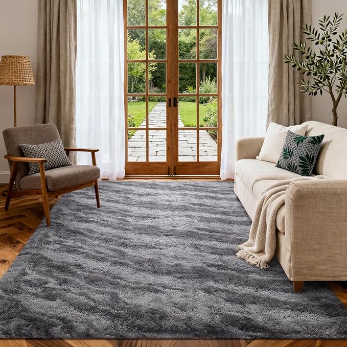 Area Rugs for Living Room, Tie-Dyed 4x6 Feet Soft Fluffy Shagg Plush Rug High Pile Large Indoor Modern Non-Slip Floor Carpet for Bedroom Nursery Kids Home Room Dorm Decor Aesthetic Grey