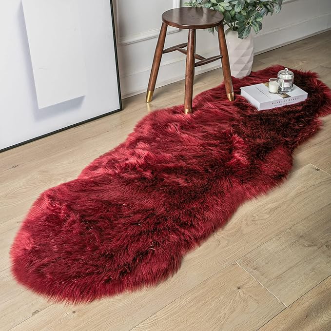 Ashler Faux Fur Rug, Deep Red Area Rugs, Fluffy Sheepskin Fur Rug, Fuzzy Ultra Soft 2 x 6 Ft Rugs, Machine Washable Shag Rug, Nursery Throw Rugs for Bed, Living Room