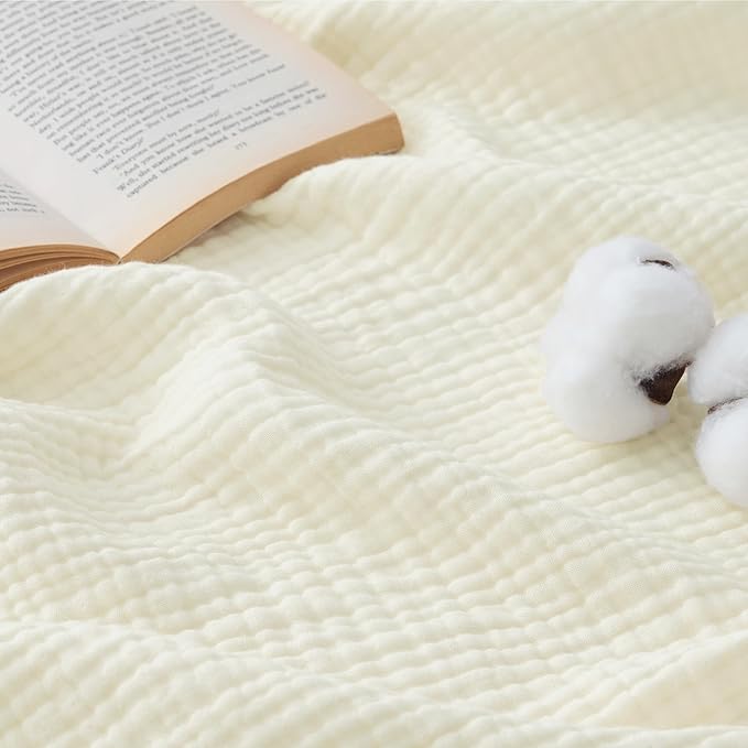 Bedsure 100% Cotton Muslin Blankets for Adults Large Throw 50x70 Inches - 4-Layer Breathable and Lightweight, Soft Boho Gauze Muslin Cotton Blanket for Couch Decor Travel Summer, Cream