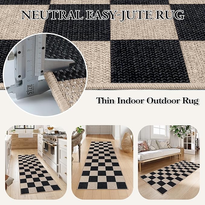 Lahome Colette Checkered Easy Jute Runner Rug, 2x6 Kitchen Runner Rug Non Slip Washable Outdoor Carpet for Entryway Indoor, Checkerboard Black Indoor Outdoor Carpet Runners for Hallway 6ft Entry
