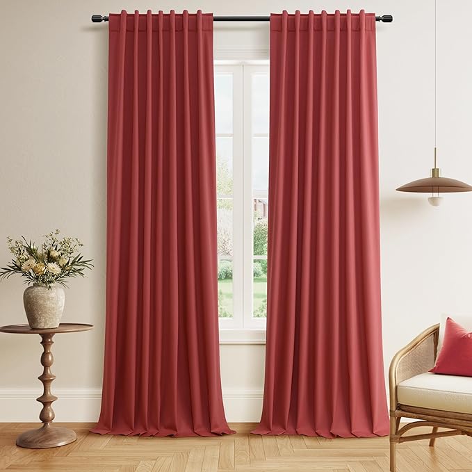 Guken Red 100% Blackout Linen Curtains 120 Inch Length 2 Panels Set for Living Room Bedroom Back Tab/Rod Pocket Thermal Insulated Black Out Drapes Room Darkening Window Curtains,52x120