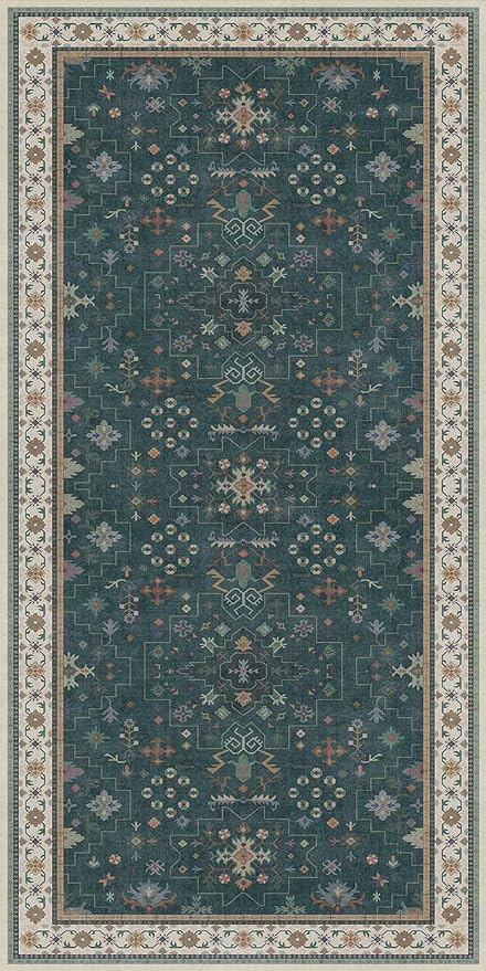 Dark Green Oushak 2x4 Entryway Rug - Modern Vintage Boho Eclectic Floral Pastel, Washable Low Pile Non-Slip Small Throw Area Rugs for Door Mat Indoor Entrance, Kitchen, Bathroom, Bedroom, Laundry
